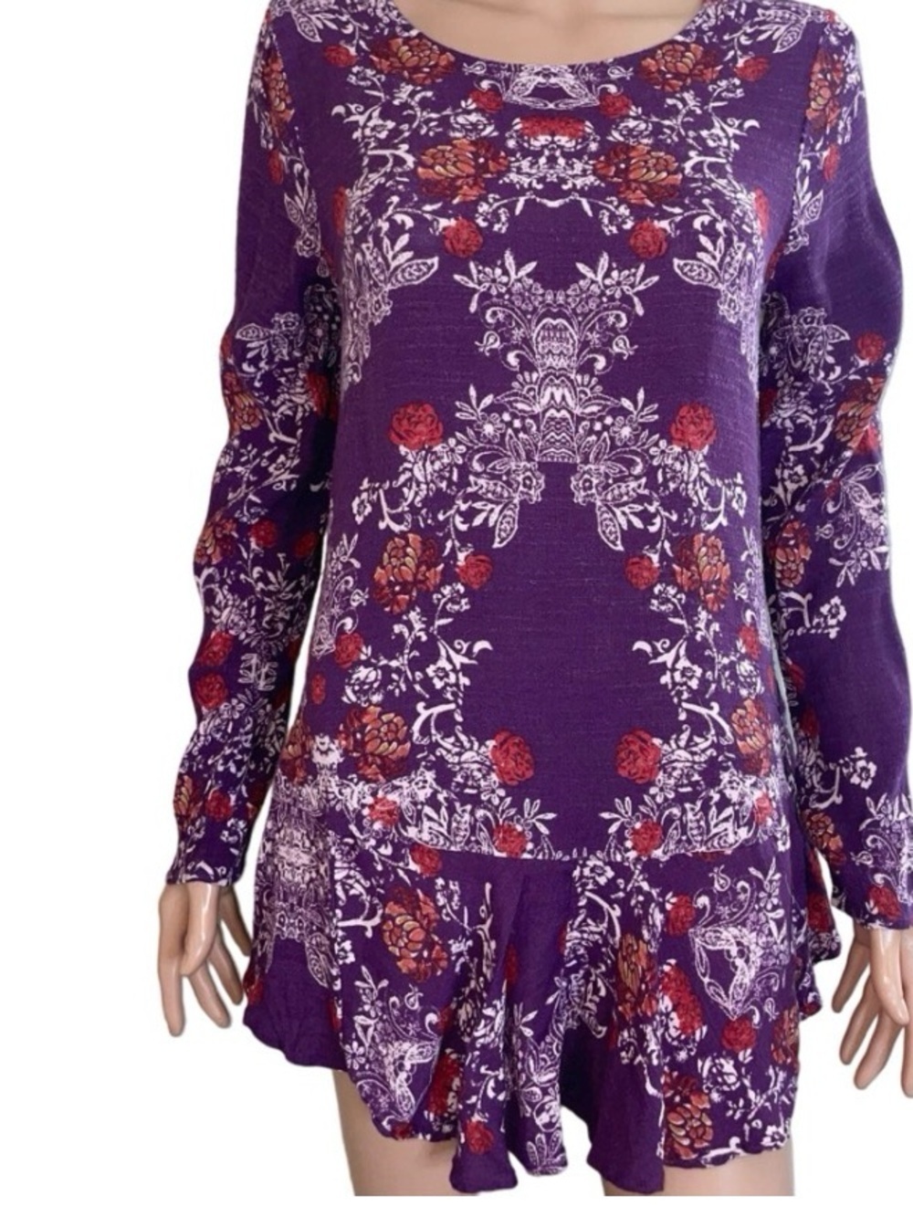 Free People Purple Floral Blouse with Red-Orange Flowers Smooth Talker peplum MD - Picture 4 of 10